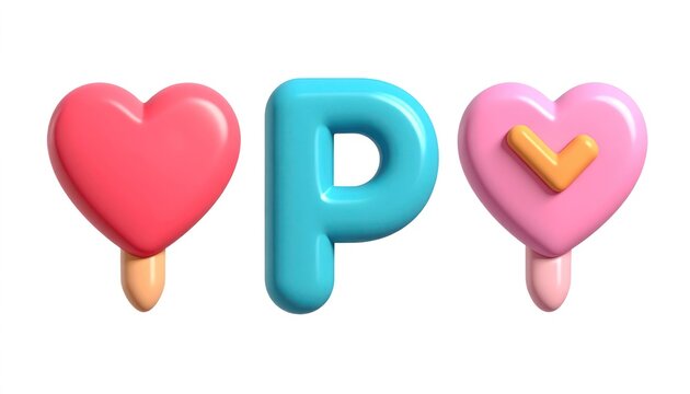A playful and vibrant 3D rendering showcases the letters 'P', 'P', and 'Y' creatively integrated with dripping heart shapes in pink and red, conveying a sense of affection and fun.