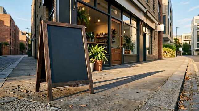 Chalkboard sign in front of a cozy cafe on a sunny day, advertising specials or events