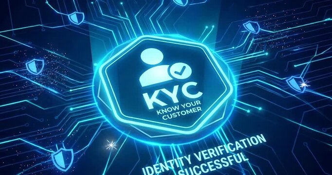 KYC digital security identity verification with glowing blue shield icons and network lines representing customer authentication technology and secure digital verification system
