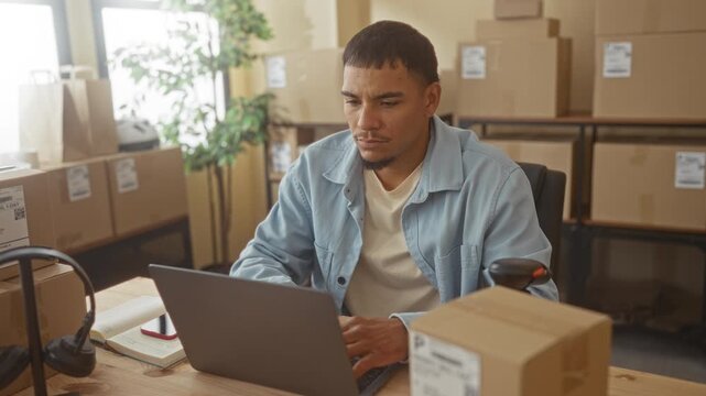 Man at laptop gesturing with hands amid stacked boxes, barcode scanner and headset in packaging studio; business stress.