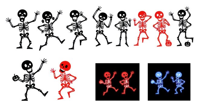 Dancing Skeletons Halloween Characters Set: Black, Red, Blue Figures