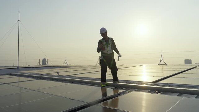 Engineers maintenance solar panels rooftop green energy technician on ladder at sunset, safety harness and helmet inspection, city skyline haze, reflective modules upkeep, efficient power output