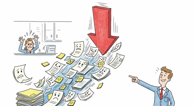 Overwhelmed businessman dealing with paperwork chaos.