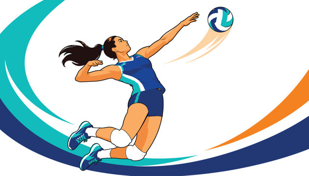 Female volleyball player jumping high to spike the ball