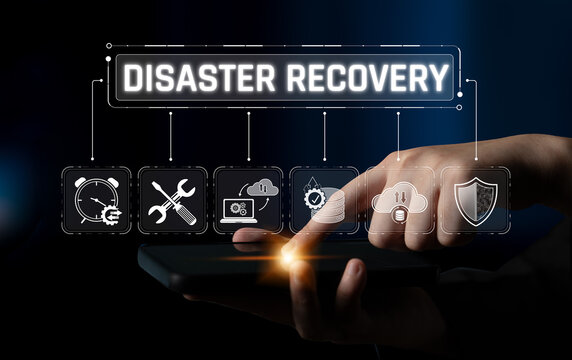 Creative depiction of disaster recovery concepts with technology icons and a hand interacting with a smartphone screen showcasing data security solutions Sigmoid