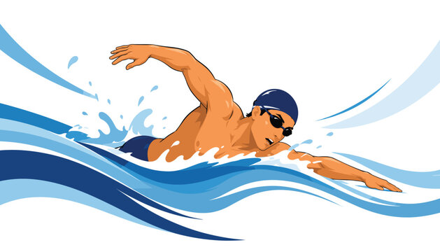 Male swimmer performing freestyle stroke in stylized blue waves