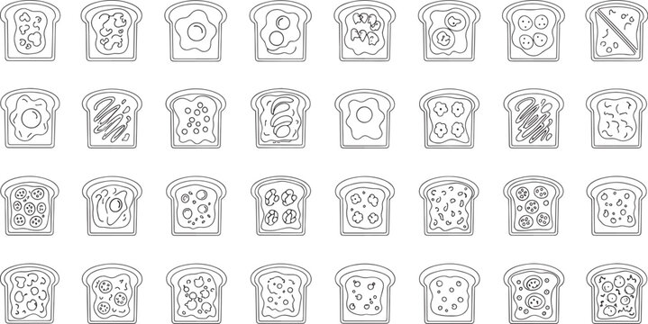 Collection of black and white line toast with various toppings bread breakfast food line outline