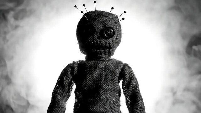 Spooky Voodoo Doll Against a Smoky White Backdrop in Black and White, Portrait of a Spooky Creature