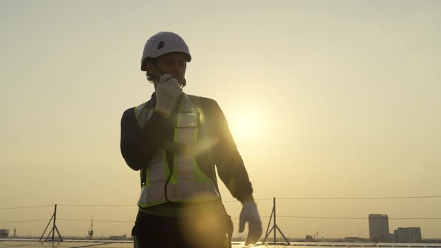 Engineers maintenance on solar panels atop rooftop guiding crew toward green energy progress at sunset with safety gear, focus, and clear communication under warm light for output and careful work