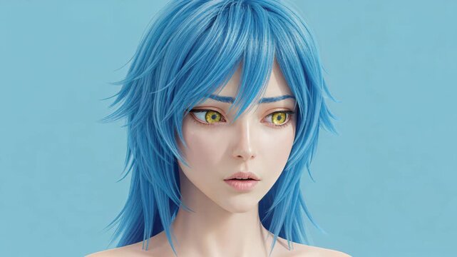 Anime Girl with Blue Hair and Yellow Eyes: A stunning digital artwork of a young woman with vibrant blue, spiky hair and striking yellow eyes, conveying a sense of mystery and wonder.