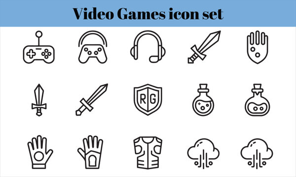 Vector set of  video game outline icons. Includes gamepads, swords, shields, potions, armor, and gloves for RPG and gaming designs.
