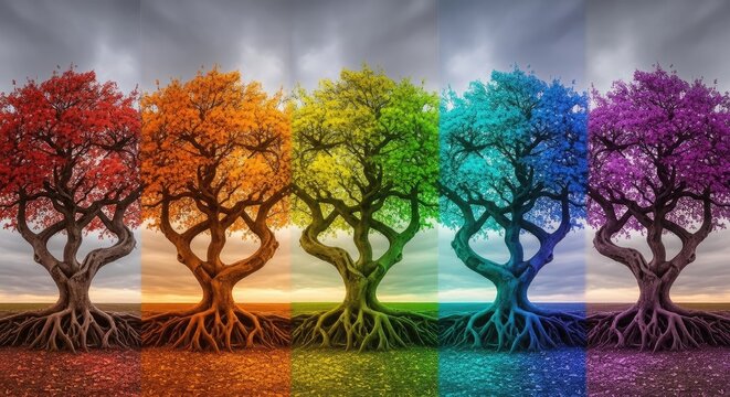 Five rainbow colored trees with twisted trunks and deep roots