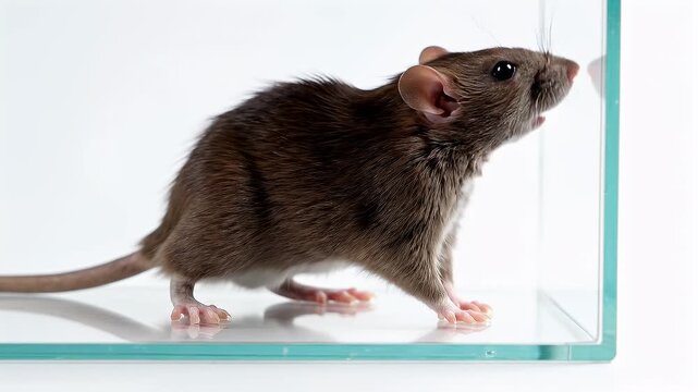 A curious brown laboratory rat sniffs a clear glass enclosure against a stark white background, highlighting its delicate paws and long tail