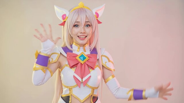 Anime Cosplay Enthusiast: A cheerful young woman dressed in a vibrant, elaborate anime-inspired costume, complete with ornate headpiece and detailed outfit, waves enthusiastically at the viewer.