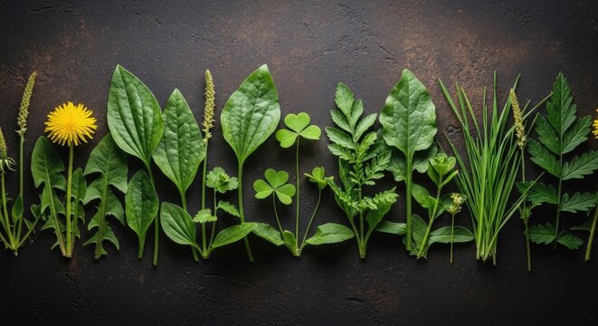 Various wild medicinal herbs and green leaves on dark background