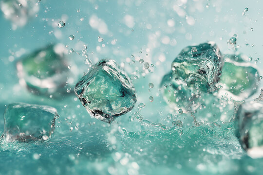 Dynamic ice cubes exploding in crystal water splash on mint green background for refreshing cosmetic