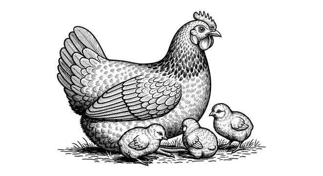 Hen and Chicks Drawing: Farm Animal Family, Black and White Sketch