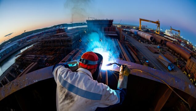 Aerial fisheye shot of a welder in red helmet and white coveralls welding a ship hull at a shipyard during twilight. Blue arc and sparks against a gradient dusk sky with cranes in background.