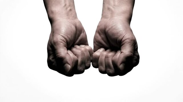 Close up shot of two hands forming fists with a white background, highlighting emotion and tension
