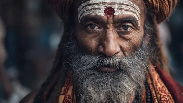 Sadhu with painted forehead raising hand in blessing