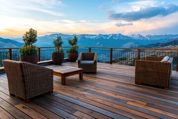 Fototapeta premium Wooden deck with mountain sunset view and furniture