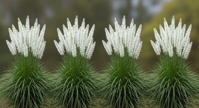 Row of blooming white bear grass plants in nature