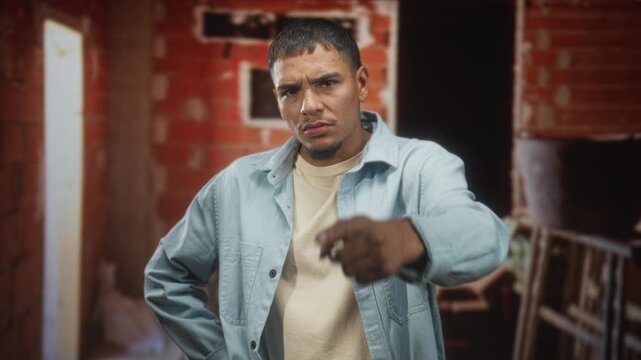 Man points finger at camera inside a raw brick building with ladder, scaffolding and loose bricks, young hispanic male in light denim shirt; challenge defiance.