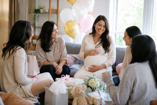 Group of women celebrating baby shower with gifts and cake in bright living room