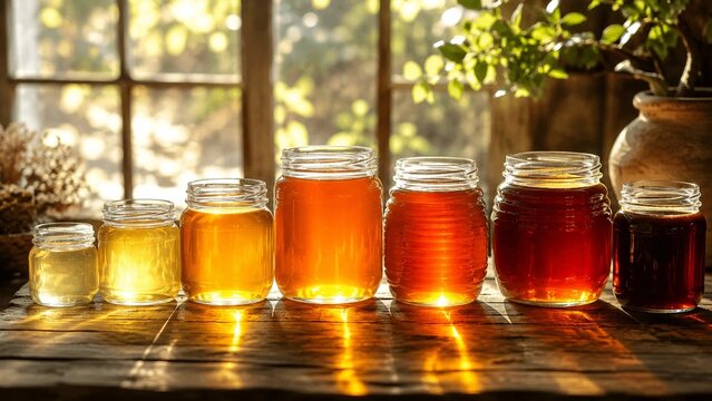 Different varieties of honey jars in a row showing gradient of natural colors on wooden table