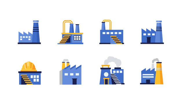 Industrial Factory and Plant Icon Set, Modern Flat Vector Design for Manufacturing and Energy Industry