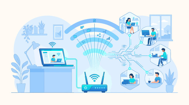 Remote work concept illustration: people connected to a central Wi-Fi router from their homes, symbolizing online communication and connectivity.