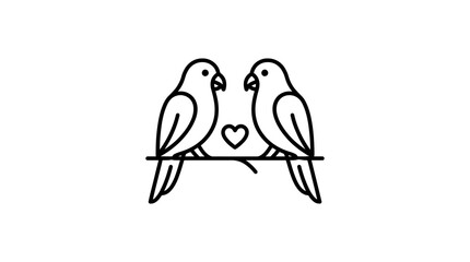 Fototapeta premium Two Lovebirds Sitting on Branch with Heart Icon, Minimalist Line Art