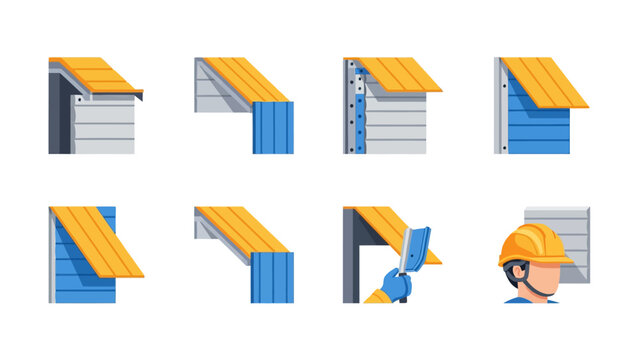 Construction and Roofing Illustration Set with Metal Siding Details and Worker Icons