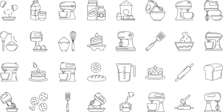 Collection of line depicting baking ingredients and equipment cooking mixer