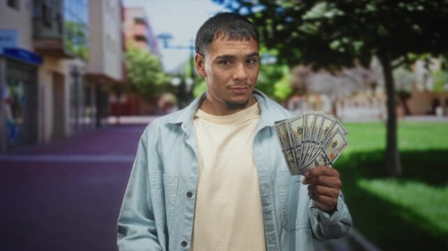 Young hispanic man holds fan of dollars in right hand, smirks and points finger toward camera on street; confidence wealth swagger.