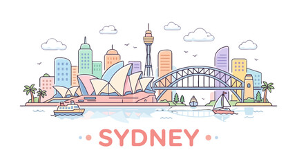 Naklejka premium Colorful illustrative skyline of Sydney showcasing iconic landmarks and vibrant cityscape
