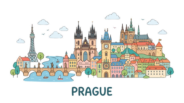 Whimsical illustration of Prague's iconic skyline featuring historic castles, spires, bridges, water bodies, and lush greenery