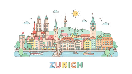 Naklejka premium Vibrant and Charming Illustrated Panorama of Zurich Showcasing its Iconic Architecture and Serene Waterways