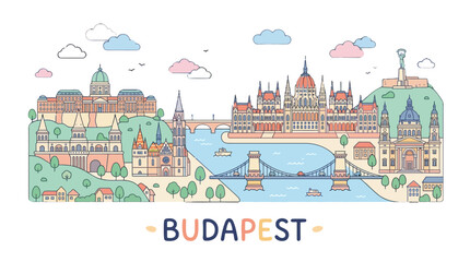 Fototapeta premium Colorful artistic illustration of Budapest skyline showcasing historic architecture and iconic bridges with playful clouds and