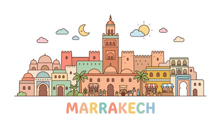 Fototapeta premium Colorful Illustration of Marrakech Medina with Historic Architectural Elements and Night Sky Scene