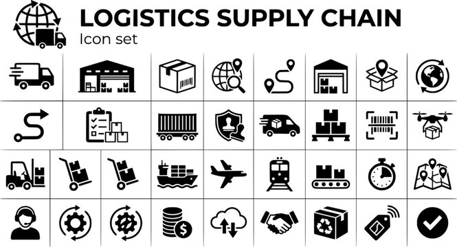 Logistics Supply Chain Icon Set Truck Warehouse Shipment Tracking Route Inventory Freight Customs Delivery Pallet Operations Management Vector Illustration