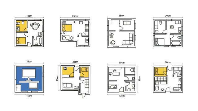 Set of Minimalist Tiny House Floor Plans and Small Apartment Layouts with Dimensions. Architectural Line Art for Real Estate and Interior Design Projects.