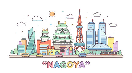 Obraz premium Colorful cartoon illustration of iconic Nagoya cityscape featuring historic and modern architecture with playful design elements