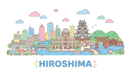 Obraz premium Colorful and detailed digital illustration portraying Hiroshima's cityscape blending modern urban buildings with traditional