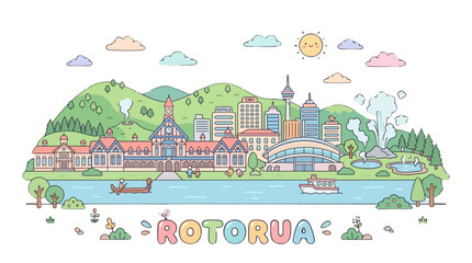 Fototapeta premium Colorful and whimsical illustration of Rotorua cityscape with natural landscapes and water features for creative design or