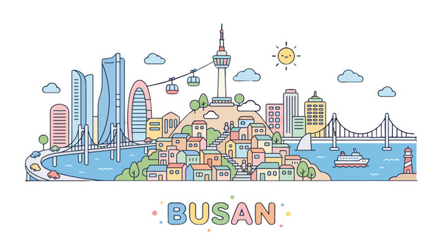 Colorful illustrated depiction of a vibrant cityscape featuring iconic Busan landmarks with cheerful animated style emphasizing
