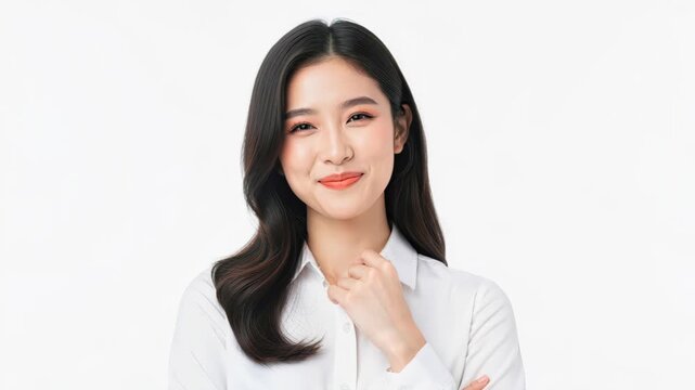 Asian Woman Portrait: A beautiful young Asian woman with long dark hair, wearing a crisp white collared shirt, smiles gently while looking at the camera. Her pose is confident and serene.