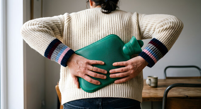 Man with back pain, holding green hot water bottle, indoors