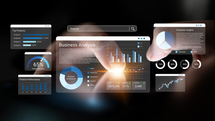 Fototapeta premium Modern digital interface showcasing business analytics with graphs and charts for financial performance and strategic insights, ideal for marketing decisions and data interpretation. Ledger