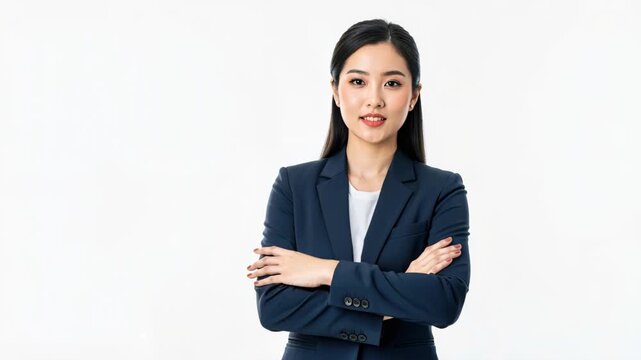 Confident Professionalism: A poised Asian businesswoman in a sharp navy blue suit stands with arms crossed, exuding confidence and competence.
